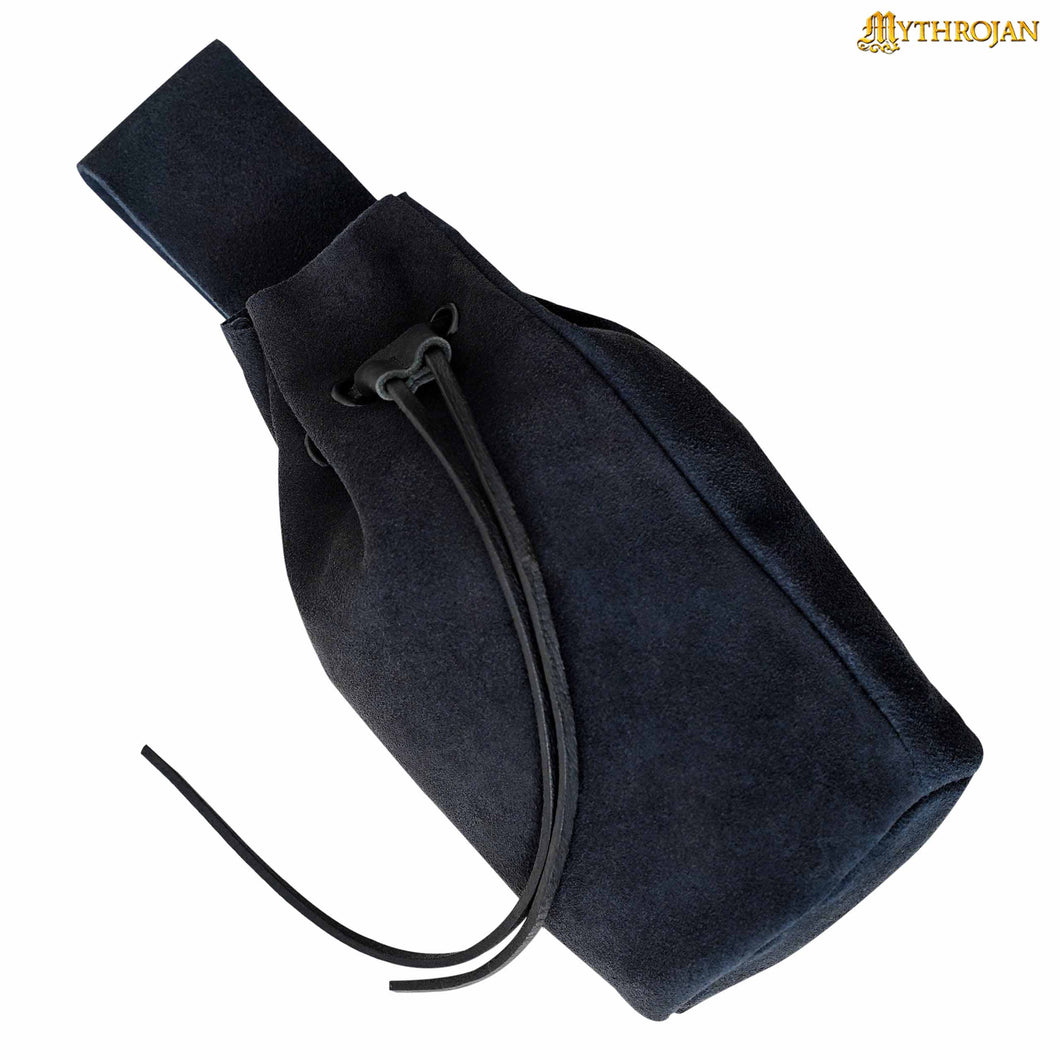 Mythrojan Medieval Drawstring Belt Bag, Ideal for SCA LARP  Reenactment & Ren fair , Suede Leather , Midnight Navy blue 8” ×6.5 ”