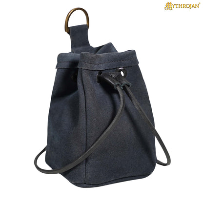 Mythrojan Medieval Drawstring Belt Bag, Ideal for SCA LARP Reenactment &amp; Ren fair , Suede Leather , Dark Blue