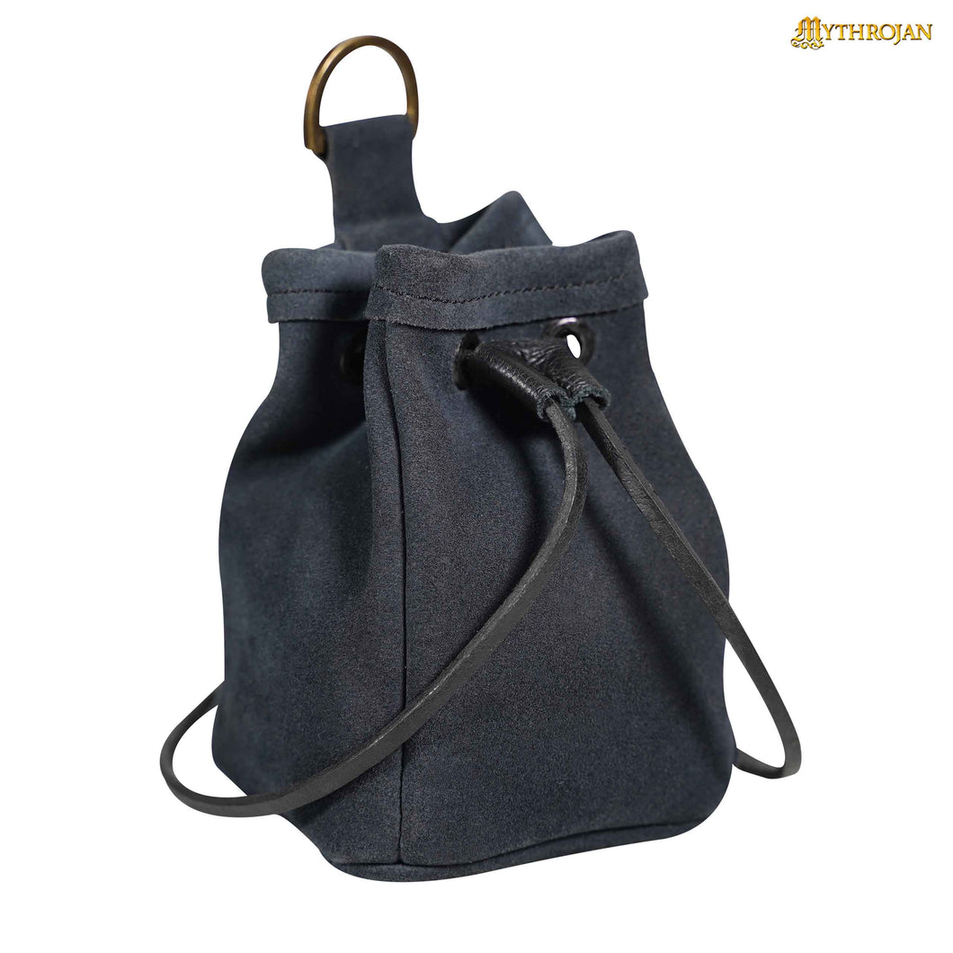 Mythrojan Medieval Drawstring Belt Bag, ideal for SCA LARP reenactment & Ren fair, Suede Leather, Midnight Navy Blue, 5”×4”