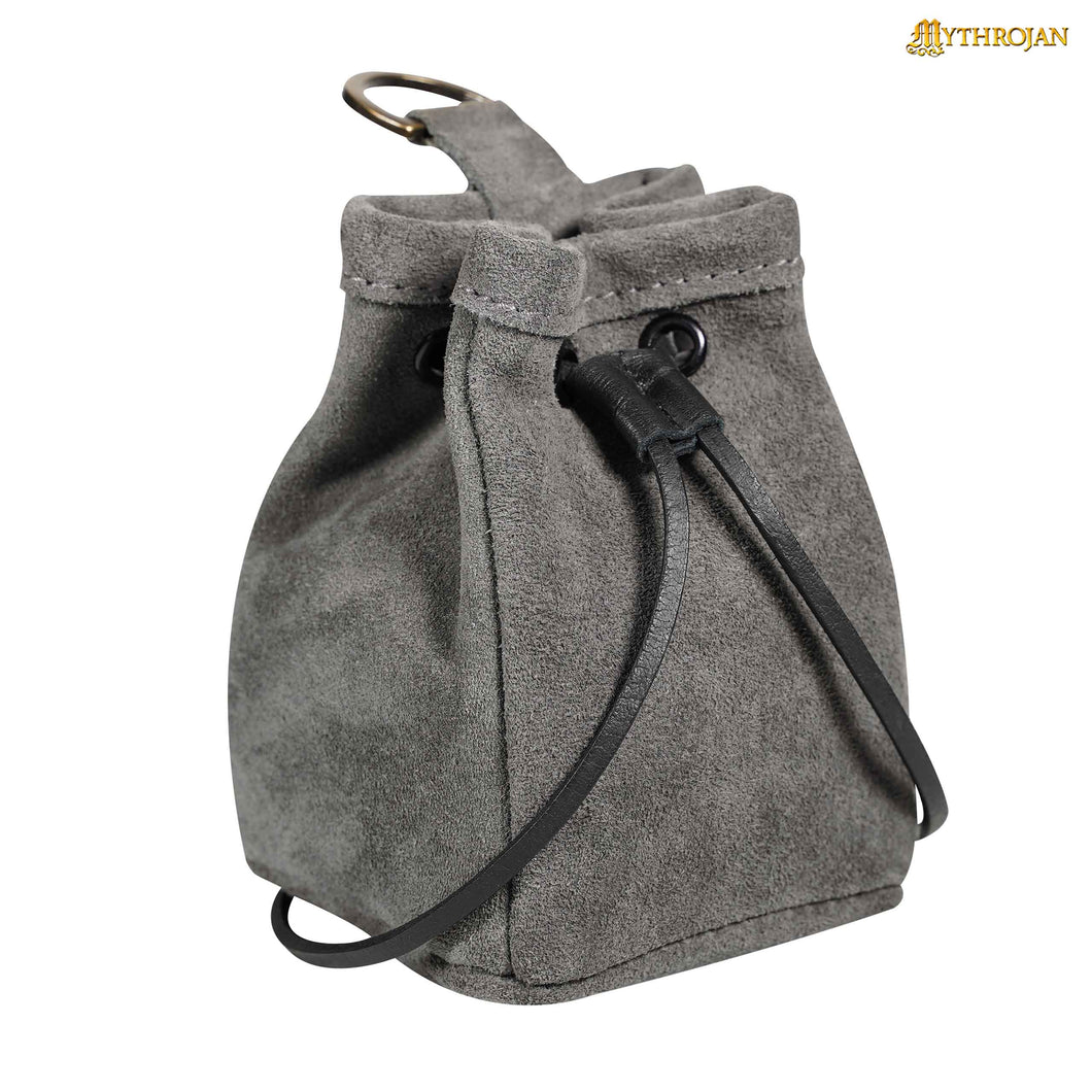 Mythrojan Medieval Drawstring Belt Bag, ideal for SCA LARP reenactment & Ren fair, Suede Leather, Grey, 5”×4”