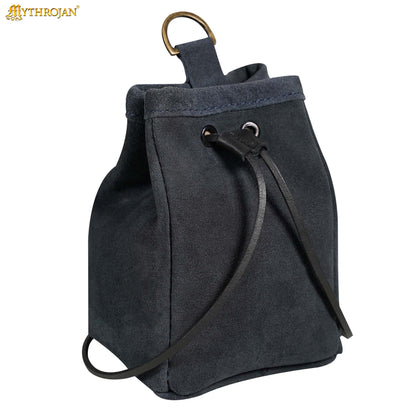 Mythrojan Medieval Drawstring Belt Bag, ideal for SCA LARP reenactment &amp; Ren fair, Suede Leather, Midnight Navy Blue, 6.5”×4.5”