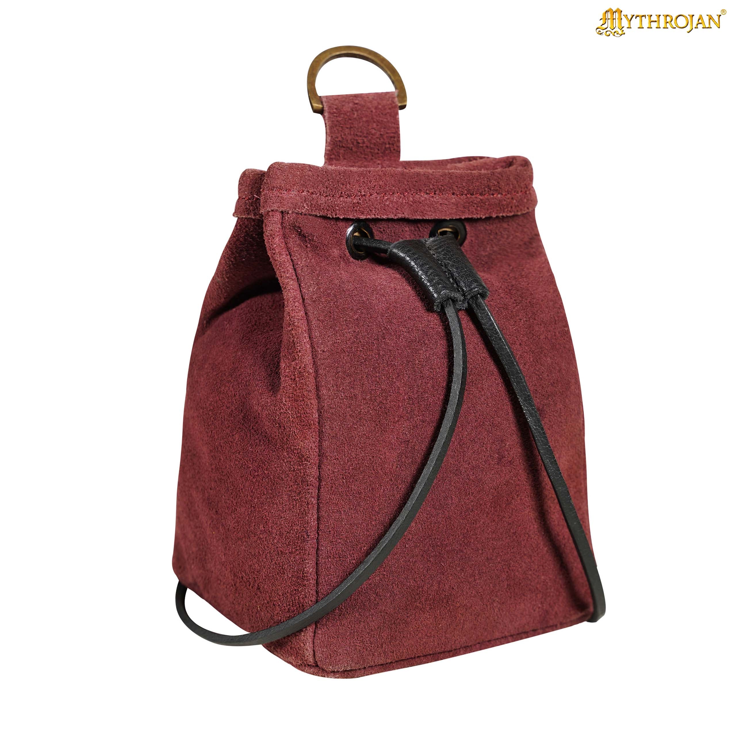 Mythrojan Medieval Drawstring Belt Bag, ideal for SCA LARP reenactment &amp; Ren fair, Suede Leather, Wine Red, 6.5”×4.5”