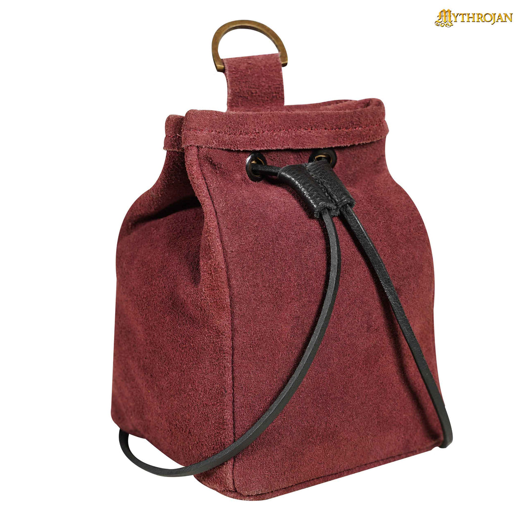 Mythrojan Medieval Drawstring Belt Bag, ideal for SCA LARP reenactment & Ren fair, Suede Leather, Wine Red, 6.5”×4.5”