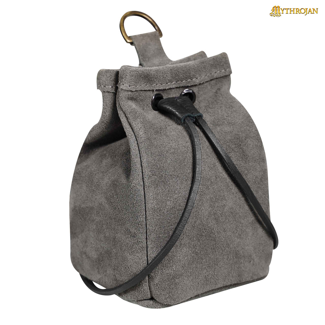 Mythrojan Medieval Drawstring Belt Bag, ideal for SCA LARP reenactment & Ren fair, Suede Leather, Grey, 6.5”×4.5”