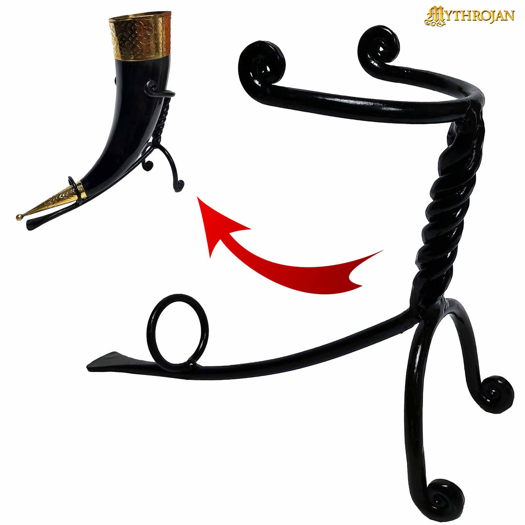 Mythrojan Hand Forged Drinking Ale Horn Rack Twisted Iron Ale Mead Horn Stand Medieval & Viking - Classic