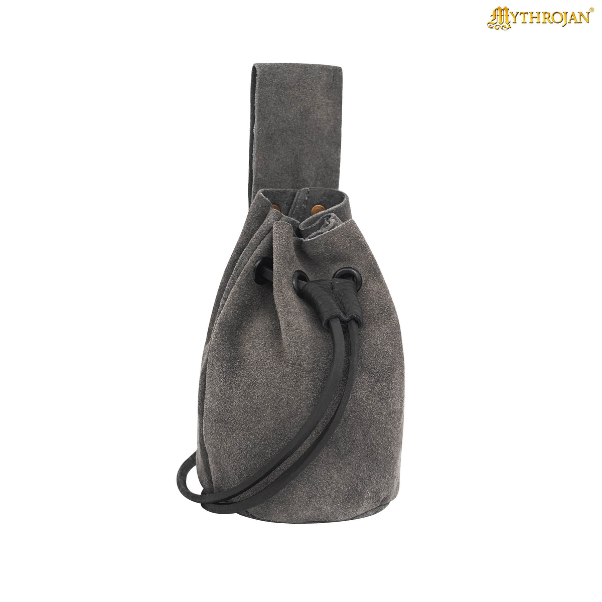 Mythrojan Medieval Drawstring Belt Bag, Ideal for SCA LARP Reenactment &amp; Ren fair , Suede Leather , Black 6” ×5 ”