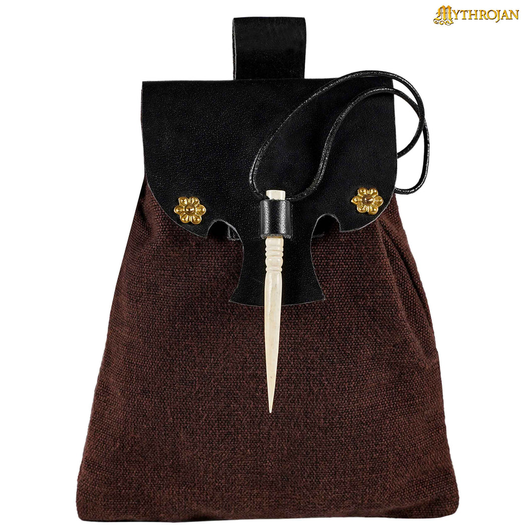 Mythrojan “Gold and Dice” Medieval Fantasy Belt Bag with Bone Needle Closure, Ideal for SCA LARP Reenactment & Ren fair, Black and Brown, 7”×7”
