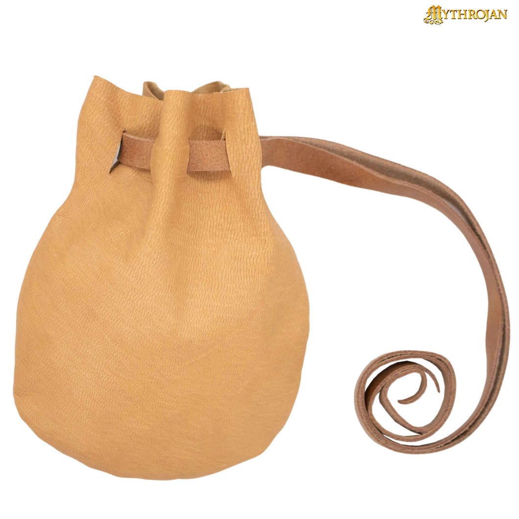 Mythrojan “Gold and Dice” Medieval Drawstring Bag, Ideal for SCA LARP Reenactment & Ren fair - Full grain Leather Pouch, Natural 6” × 5
