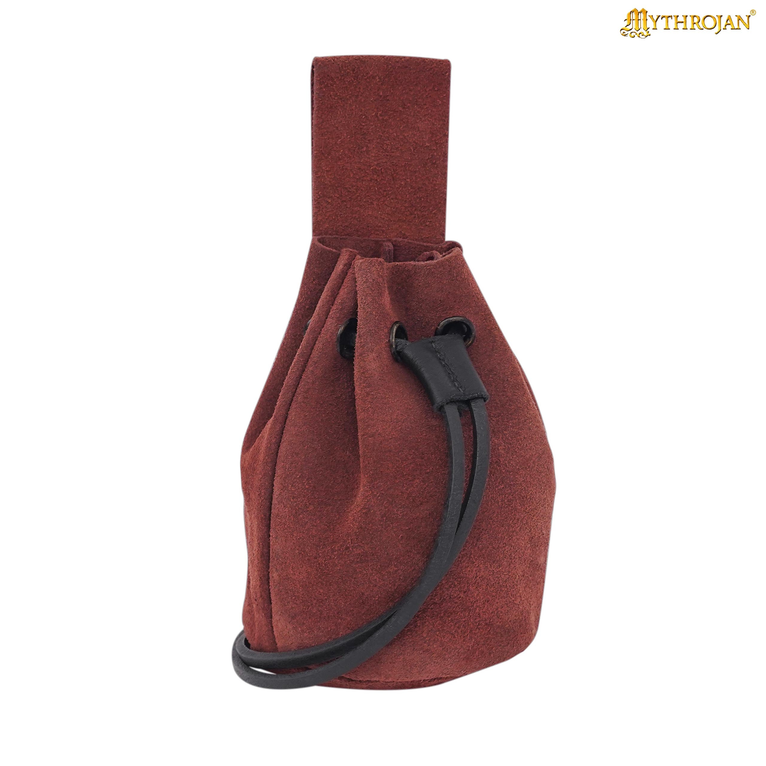 Mythrojan Medieval Drawstring Belt Bag, Ideal for SCA LARP Reenactment &amp; Ren fair , Suede Leather , Burgundy 6” ×5 ”