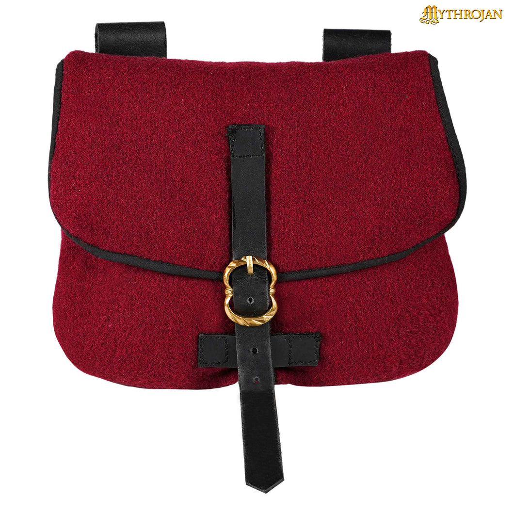 Mythrojan Late Medieval Belt Bag, Ideal for SCA LARP Reenactment & Ren fair, Full Grain Leather and Wool , Maroon , 6.2 ”× 7