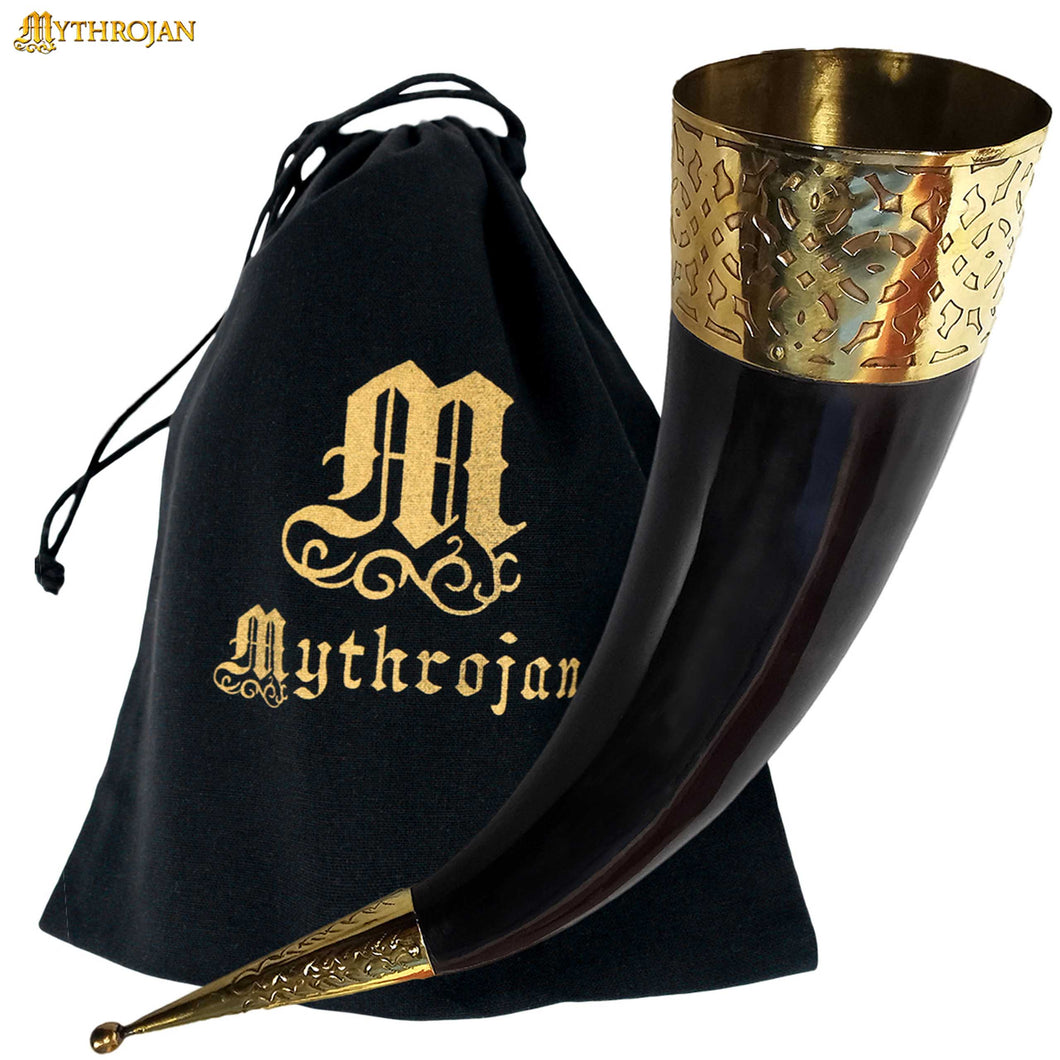 Mythrojan Drinking Horn with Brass Design Authentic Medieval Inspired Viking Wine/Mead - Polished Finish