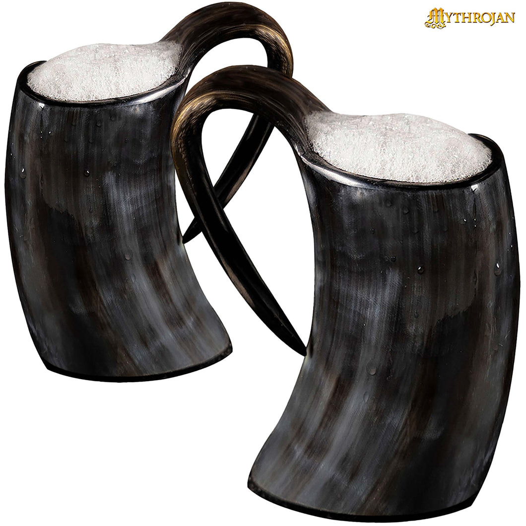 Mythrojan Black Viking Horn Ale Mug, Medieval Knight Renaissance Mead Ale Larp Cosplay Horn Tankard Set of 2