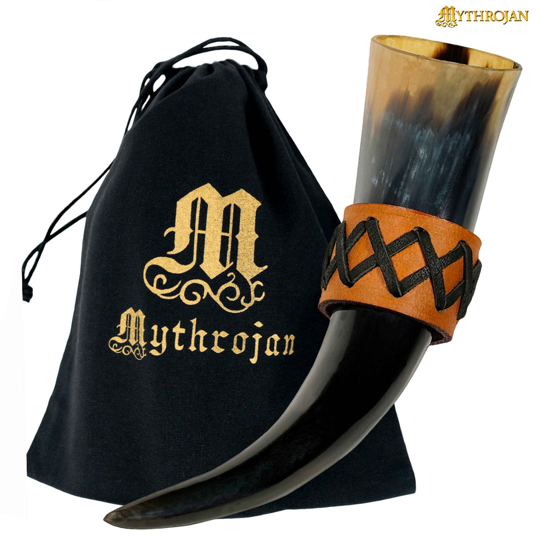 Mythrojan Drinking Horn with Celtic Leather Holder Authentic Medieval Inspired Viking Wine/Mead Mug 200ml