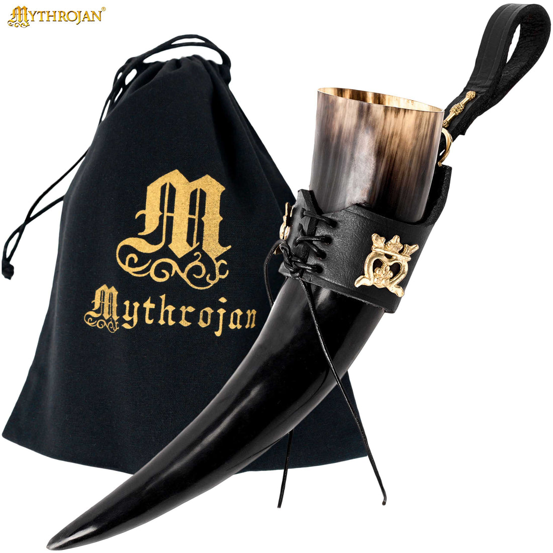 Mythrojan THE ELEGANT LADY Viking Drinking Horn with Black Leather holder Authentic Medieval Inspired Viking Wine/Mead Mug - Polished Finish