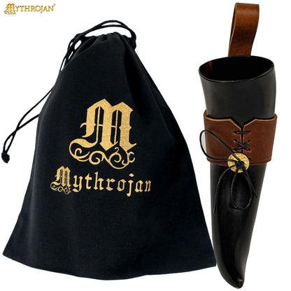 Mythrojan Drinking Horn with Leather Holder Authentic Medieval Inspired Viking Wine/Mead Mug (Brown, 650 ML)