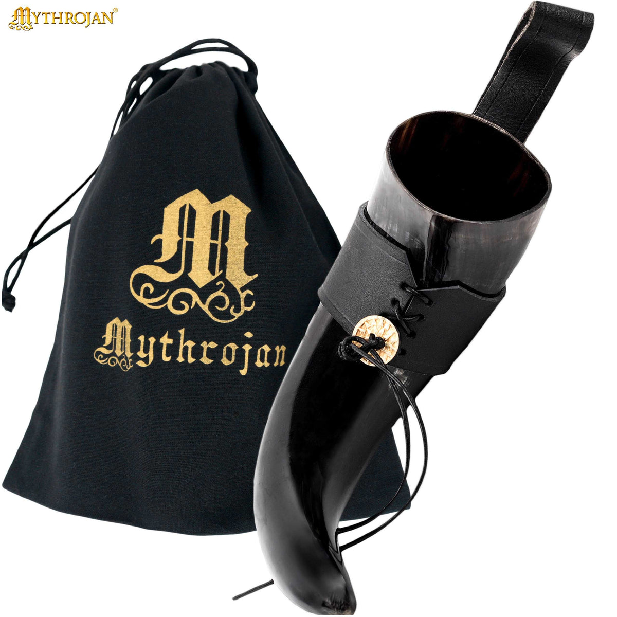 Mythrojan Viking Drinking Horn with Black Leather Holder Authentic Drinking Horn Norse Beer Horn Drinking Horn , 500ml