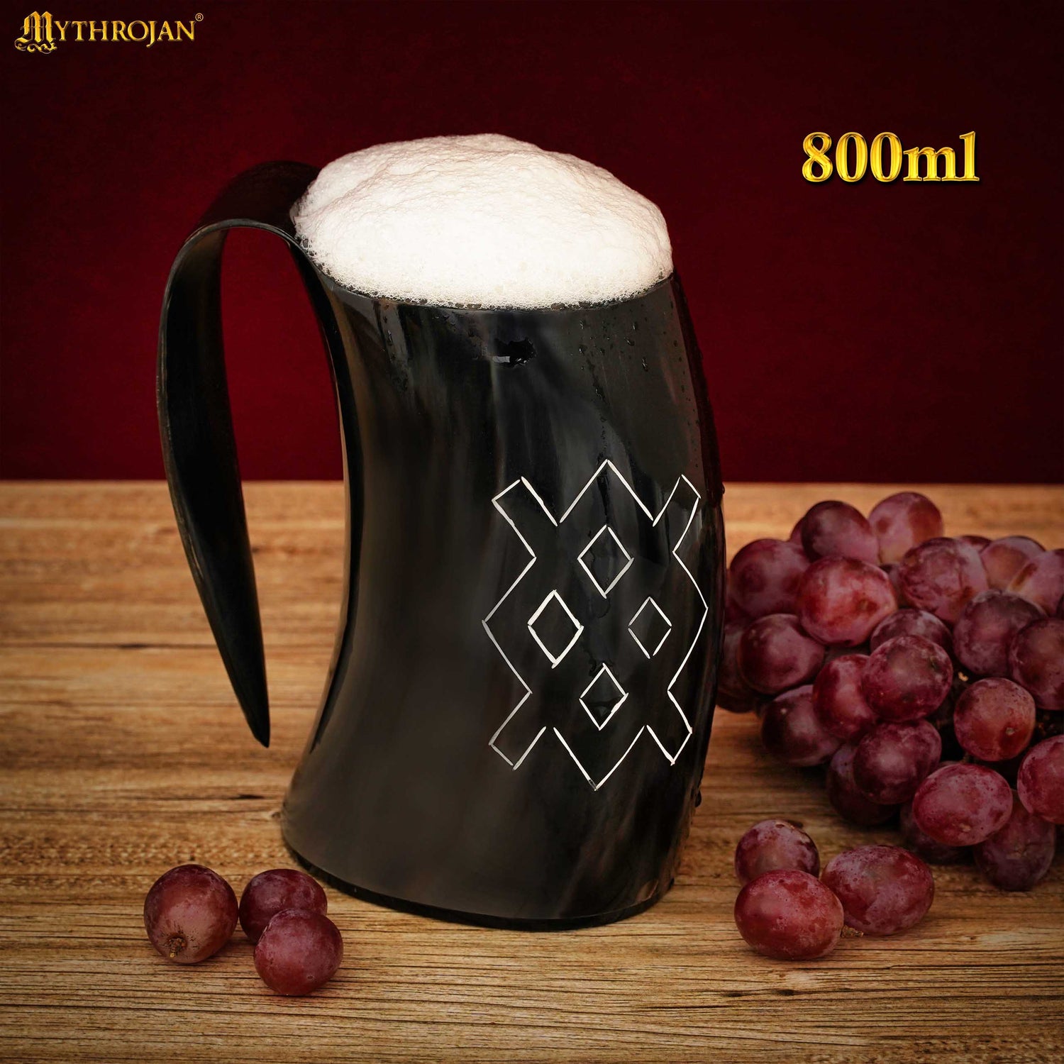 Mythrojan Tumbler Viking Drinking Cup with Handle &amp; Medieval Buckle Renaissance with Leather Strap - Unique Patern