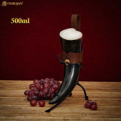 Mythrojan Drinking Horn with Leather Holder Authentic Medieval Inspired Viking Wine/Mead Mug (Brown, 500 ML)