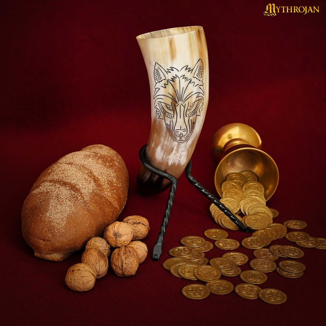 Mythrojan Wolf Drinking Horn Authentic Medieval Inspired Viking Wine/Mead 400 ML - Polished Finish