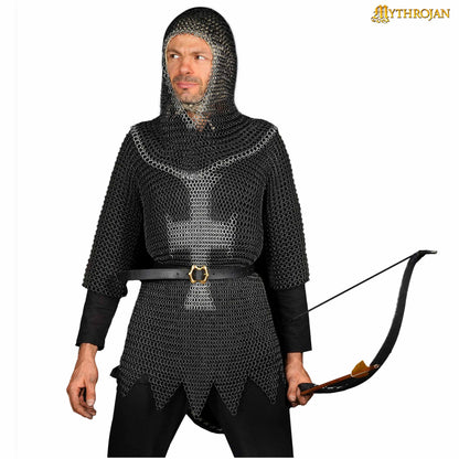 Mythrojan Medieval Chainmail Coif Butted Mild Steel, Medieval SCA Reenactments Medieval Events, Black Finish with Zinc Plated Edges, L