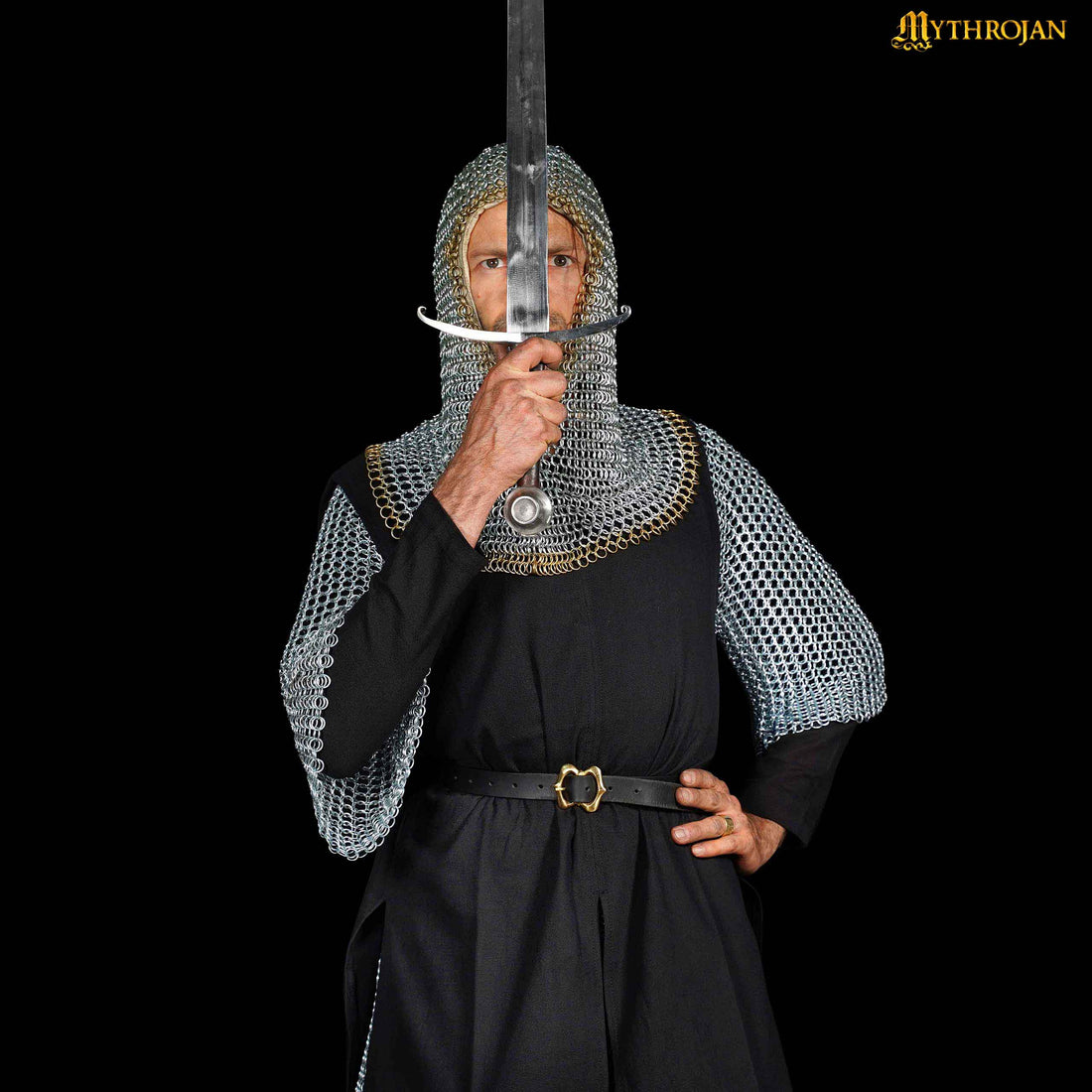 Mythrojan Medieval Chainmail Coif Butted Mild Steel and Solid Brass, Medieval SCA Reenactments Medieval Events, Zinc Plated with Solid Brass Edges, L