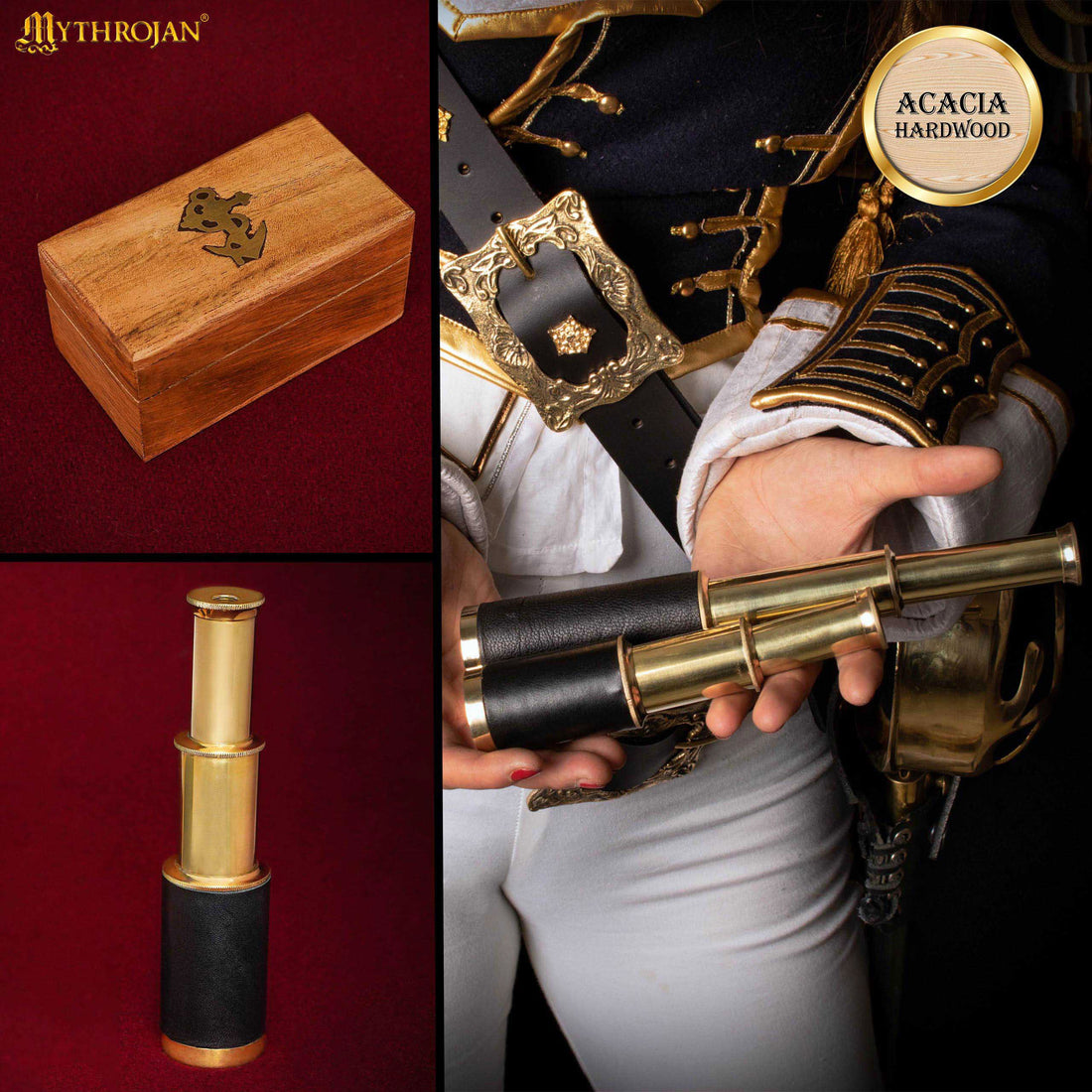 Mythrojan Mini Pirate Spyglass Telescope Brass Colapsable Hand Telescope with Wooden Box Small Vintage Telescope Pirate Decore Brass Decorative Telescope - Black 6&