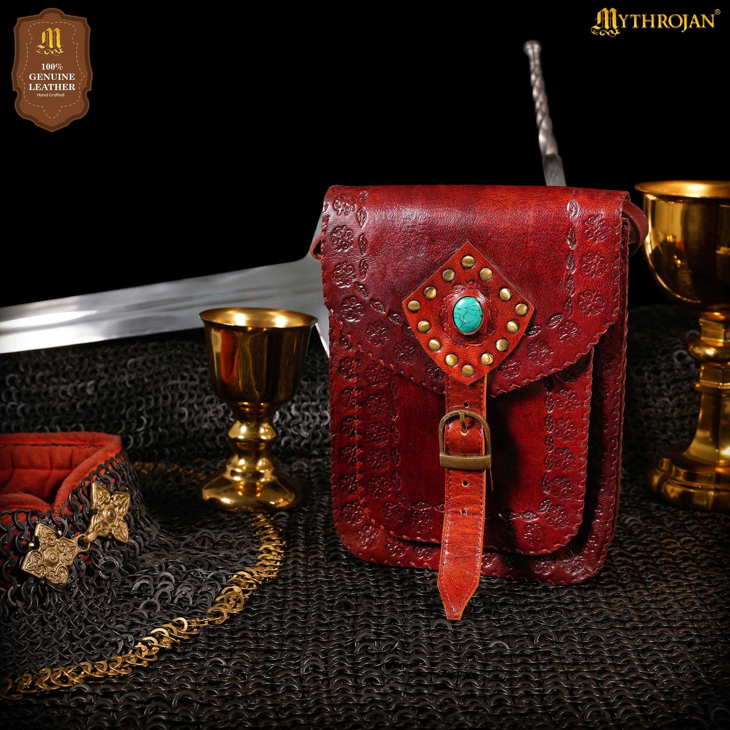 MYTHROJAN “SORCERESS FROM THE EAST” MEDIEVAL Sling Bag ideal for enchantress, LARP mage, D&amp;D wizard, Witcher cosplay, Maroon 10&quot; x 7”