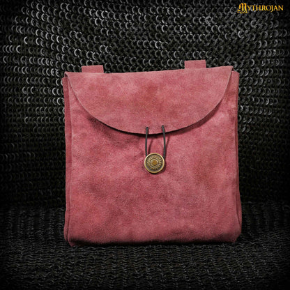 Mythrojan Large Suede Belt Bag, Ideal for SCA LARP Reenactment &amp; Ren fair, Suede Leather, Burgundy , 9 ”× 9 ”