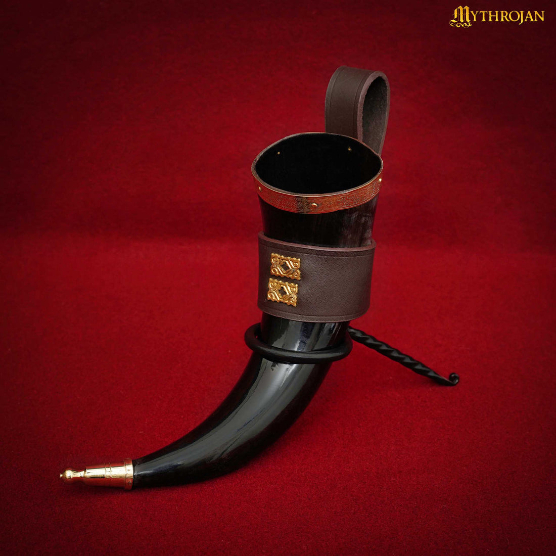 Mythrojan THE WEALTHY MERCHANT - Viking Drinking Horn with Leather Holder Authentic Medieval Inspired Viking Wine/Mead Mug - Polished Finish - 350 ML / Brown