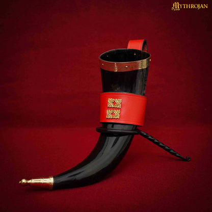 Mythrojan THE WEALTHY MERCHANT - Viking Drinking Horn with Red Leather Holder Authentic Medieval Inspired Viking Wine/Mead Mug - Polished Finish - 350 ML