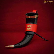 mythrojan-the-wealthy-merchant-viking-drinking-horn-with-red-leather-holder-authentic-medieval-inspired-viking-wine-mead-mug-polished-finish-350-ml
