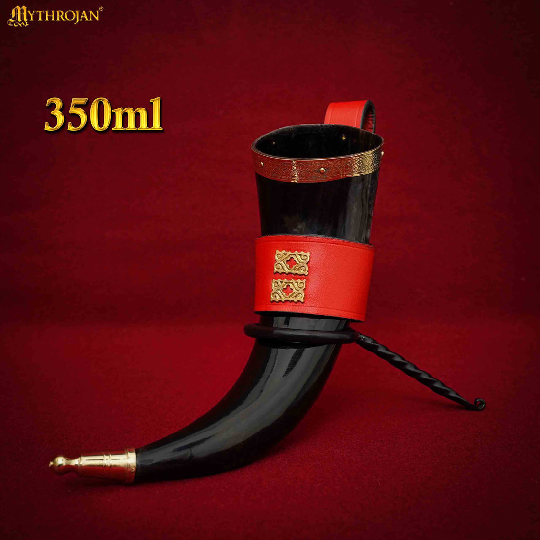 Mythrojan THE WEALTHY MERCHANT - Viking Drinking Horn with Red Leather Holder Authentic Medieval Inspired Viking Wine/Mead Mug - Polished Finish - 350 ML