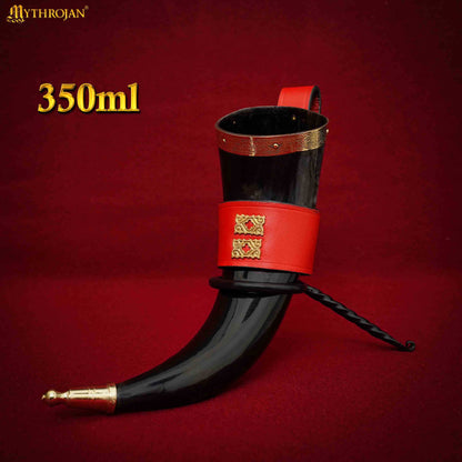 Mythrojan THE WEALTHY MERCHANT - Viking Drinking Horn with Red Leather Holder Authentic Medieval Inspired Viking Wine/Mead Mug - Polished Finish - 350 ML