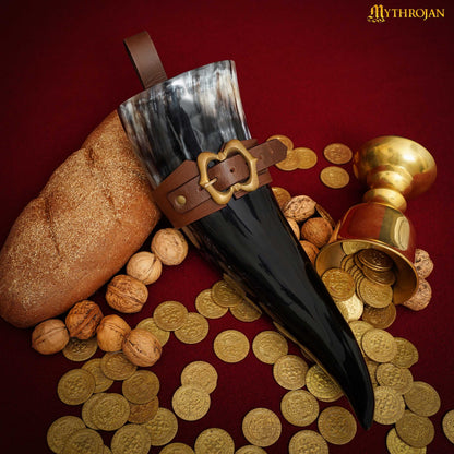 Mythrojan THE LOYAL SOLDIER - Viking Drinking Horn with Leather Holder Authentic Medieval Inspired Viking Wine/Mead Mug - Polished Finish - 600 ML / Brown