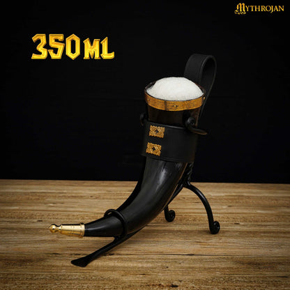 Mythrojan THE WEALTHY MERCHANT - Viking Drinking Horn with Leather holder Authentic Medieval Inspired Viking Wine/Mead Mug - Polished Finish - 350 ML / Black