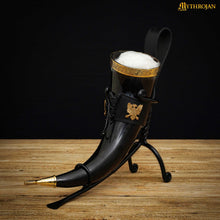 mythrojan-the-bird-of-prey-viking-drinking-horn-with-black-leather-holder-authentic-medieval-inspired-viking-wine-mead-mug-polished-finish