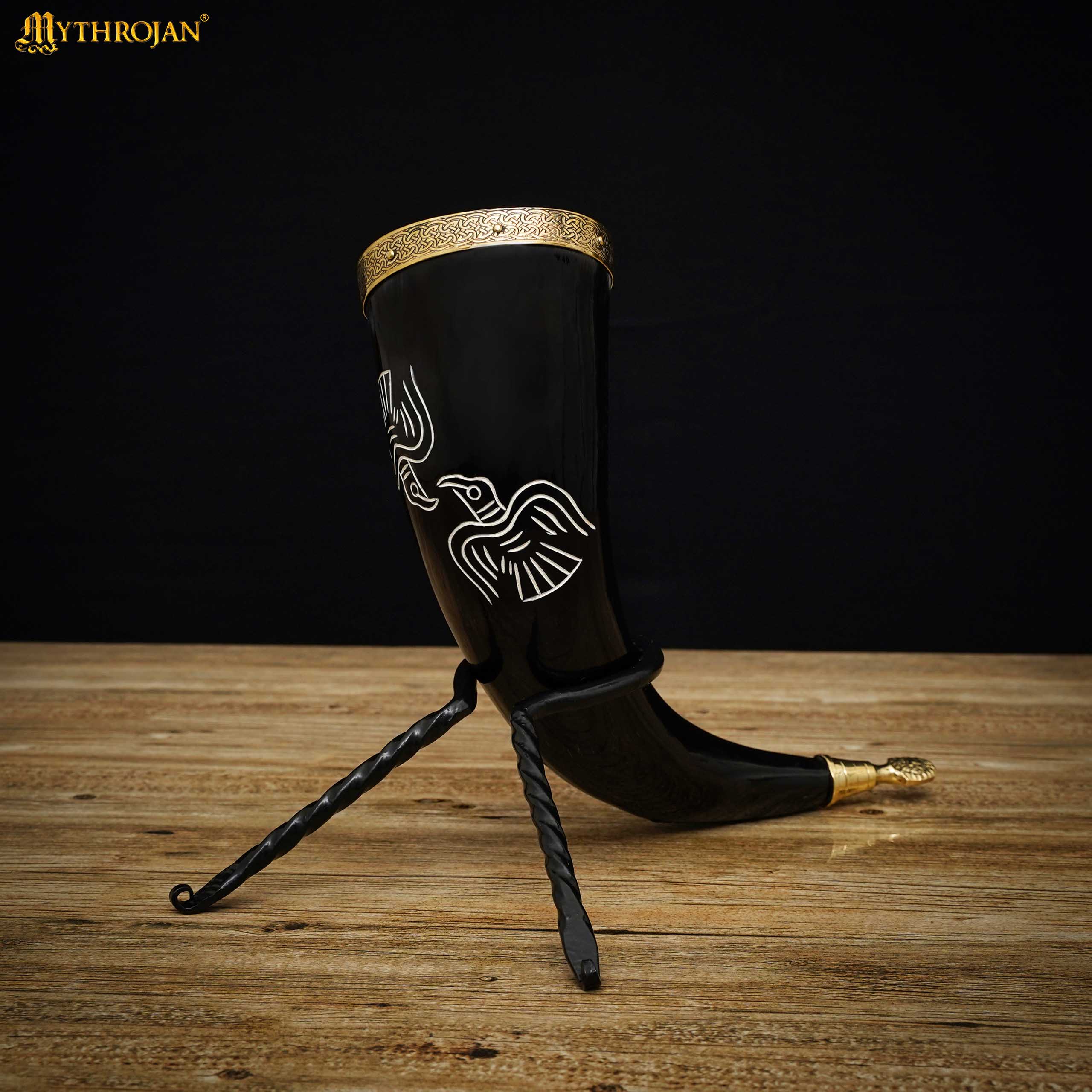 Mythrojan The Bird of Prey Viking Drinking Horn with Black Leather Holder Authentic Medieval Inspired Viking Wine/Mead Mug - Polished Finish