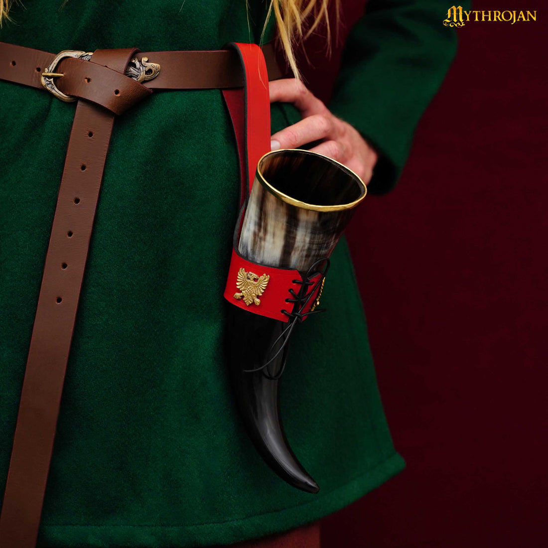 Mythrojan The King of The North - Viking Drinking Horn with Leather Holder - Polished Finish - 300 ML / with Red Leather Holder - 300ML