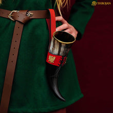 mythrojan-the-king-of-the-north-viking-drinking-horn-with-leather-holder-polished-finish-300-ml-with-red-leather-holder-300ml