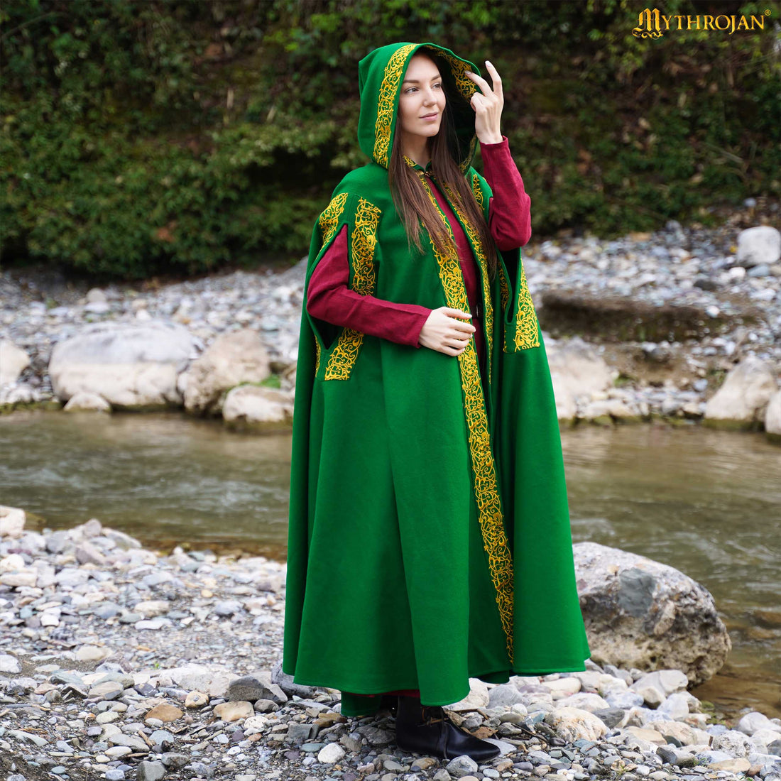 Mythrojan Embroidered Woolen Hooded Cloak /Cape with delicate BRASS BROOCH Medieval Wool Cape for Ranger LARP SCA Cosplay, Green , Large