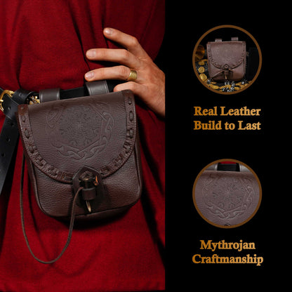 Mythrojan “The Adventurer’s” Belt Bag with Horn Toggle, ideal for SCA LARP reenactment &amp; Ren fair, Full Grain Leather, Black 7”