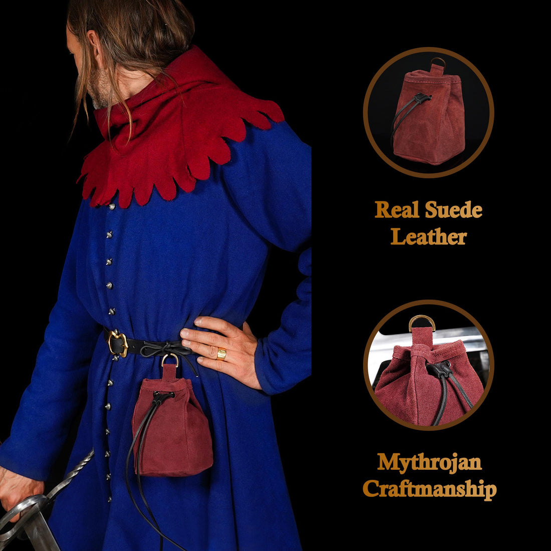 Mythrojan Medieval Drawstring Belt Bag, ideal for SCA LARP reenactment &amp; Ren fair, Suede Leather, Wine Red, 6.5”×4.5”