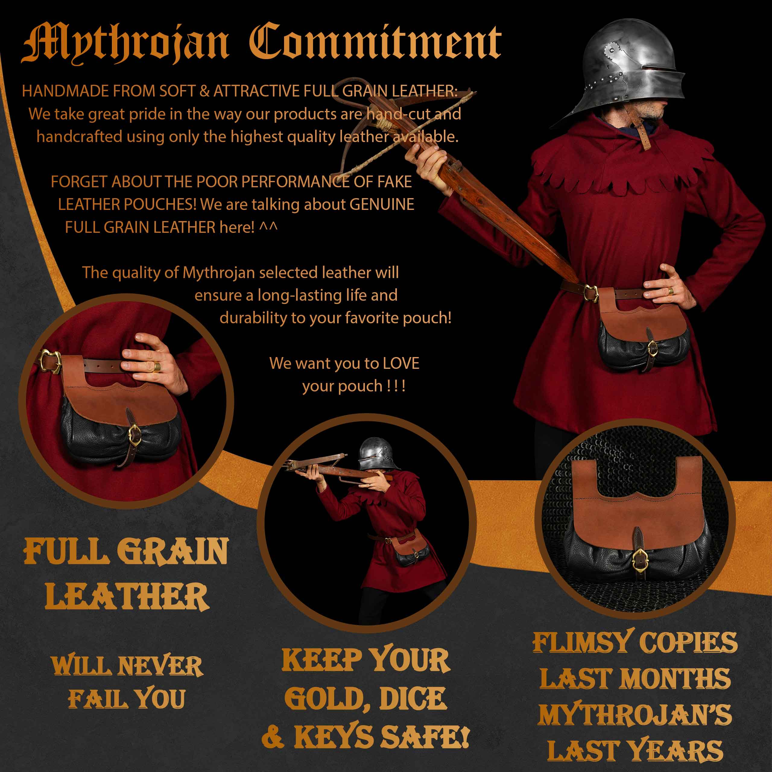 Mythrojan Medieval Belt Bag with Solid Brass Buckle , Ideal for Cosplay SCA LARP Reenactment &amp; Ren fair, Full Grain Leather, Brown and Black, 8.2 ” × 8.6”