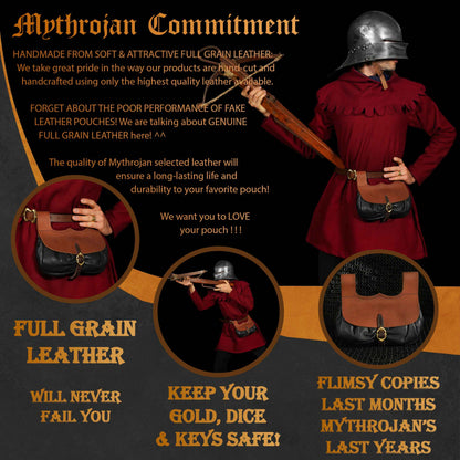 Mythrojan Medieval Belt Bag with Solid Brass Buckle , Ideal for Cosplay SCA LARP Reenactment &amp; Ren fair, Full Grain Leather, Brown and Black, 8.2 ” × 8.6”