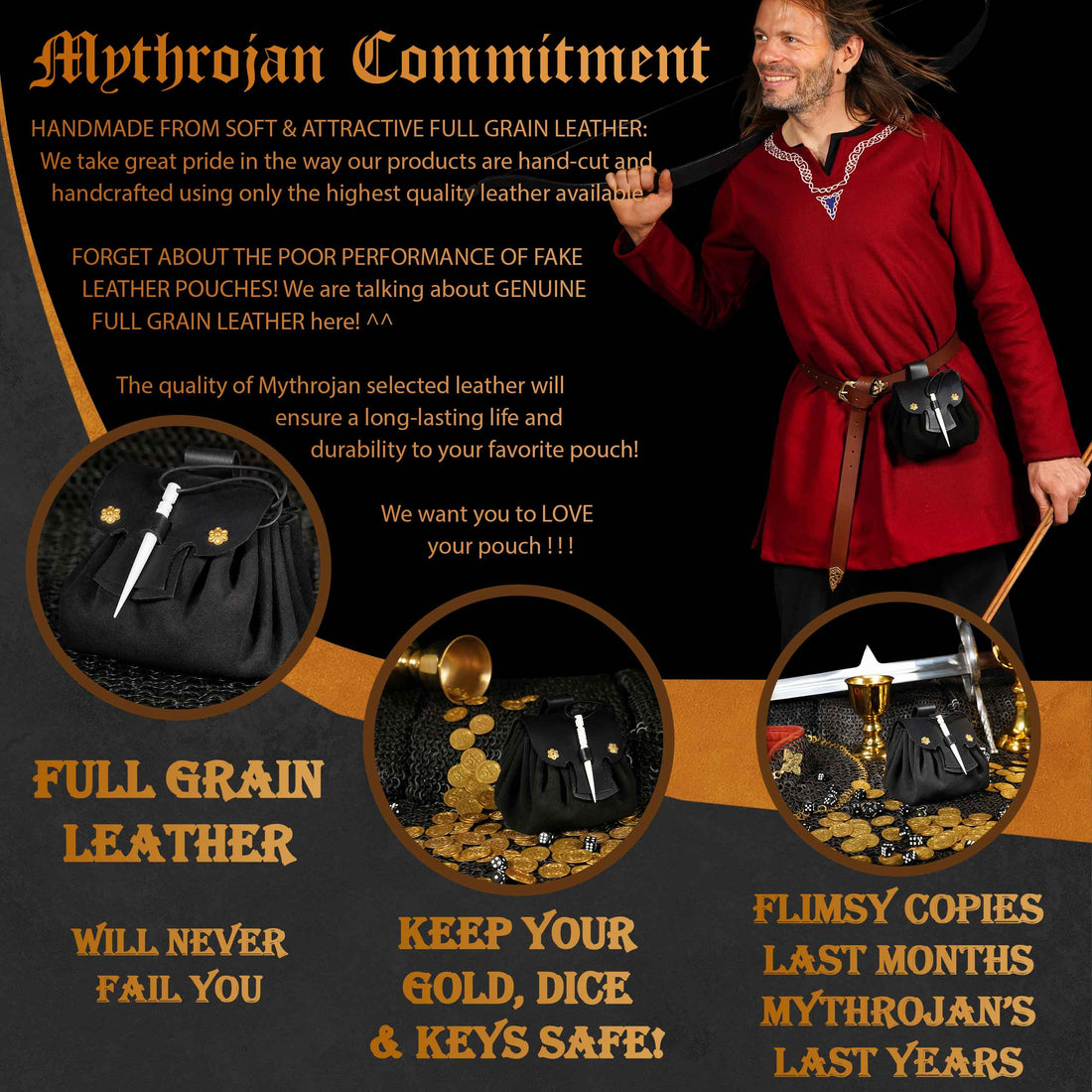 Mythrojan “ Gold and Dice ” Medieval Fantasy Belt Bag with Bone Needle Closure, Ideal for SCA LARP Reenactment &amp; Ren fair, Black, 3.5”