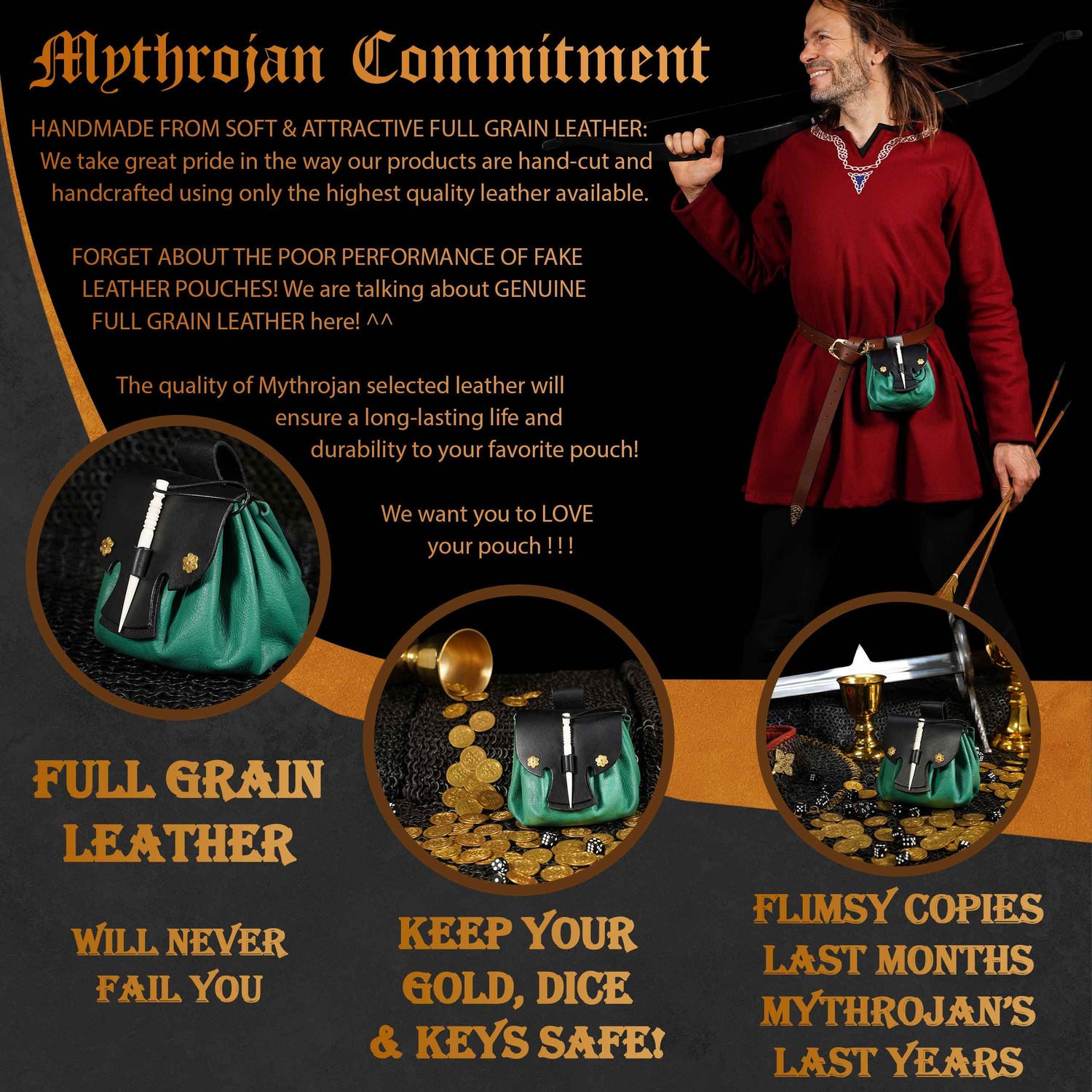 Mythrojan “ Gold and Dice ” Medieval Fantasy Belt Bag with Bone Needle Closure, Ideal for SCA LARP Reenactment &amp; Ren fair, Green, 3.5”