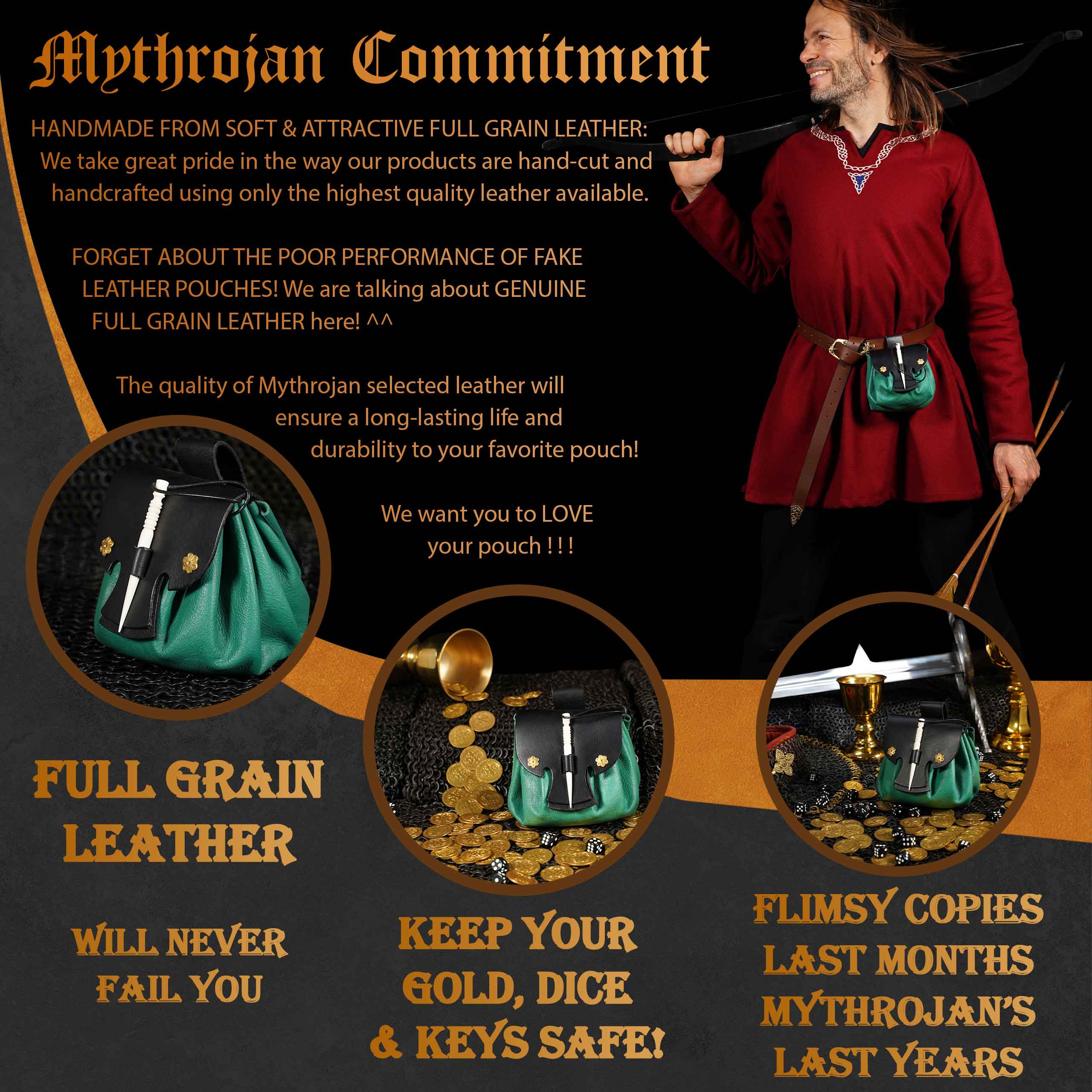 Mythrojan “ Gold and Dice ” Medieval Fantasy Belt Bag with Bone Needle Closure, Ideal for SCA LARP Reenactment &amp; Ren fair, Green, 3.5”