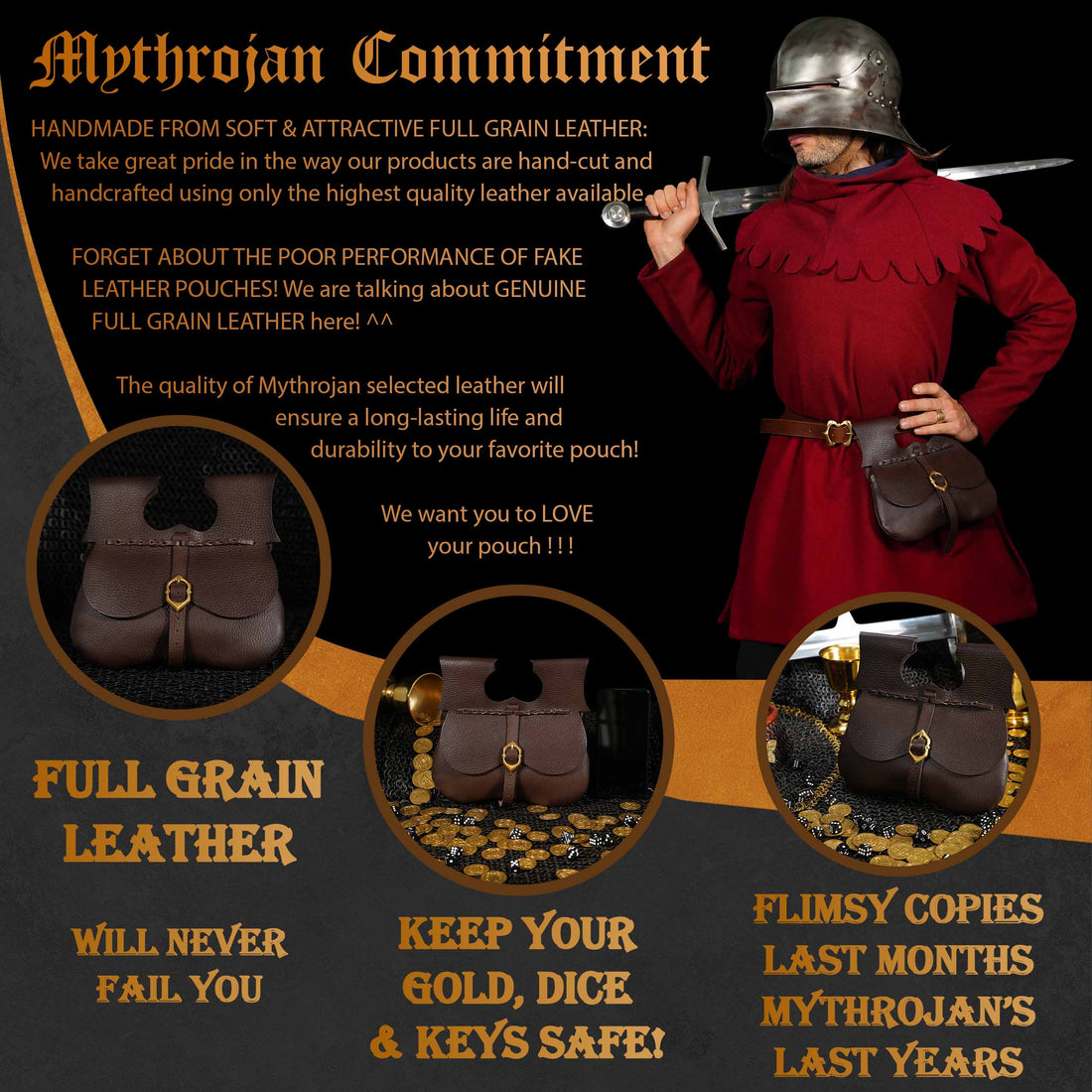 Mythrojan Classic Medieval Belt Bag with Solid Brass Buckle, Ideal for SCA LARP Reenactment &amp; Ren Fair, Full Grain Leather, Brown 8.5”×9”