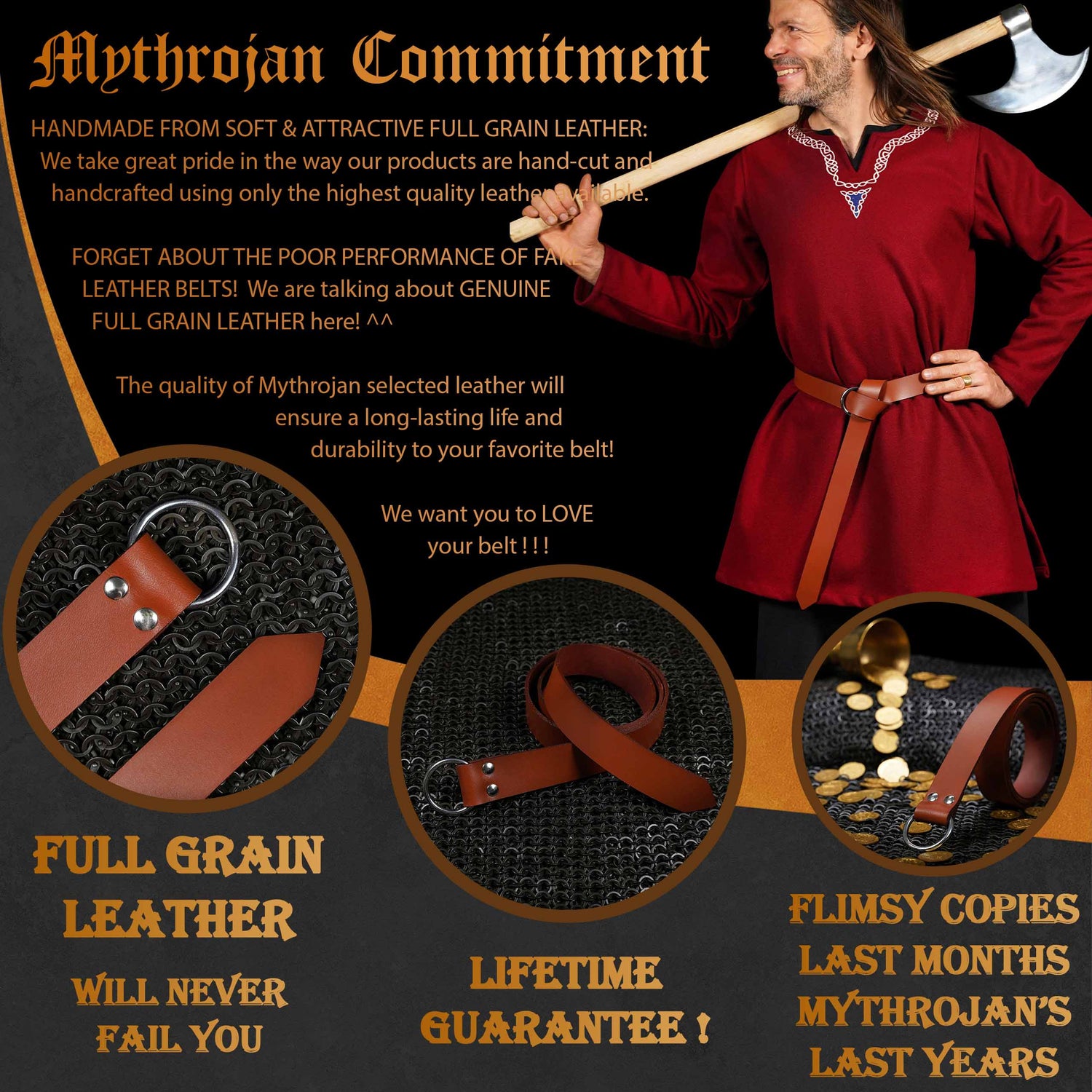 Mythrojan O - Ring Medieval Leather Belt, Ideal for LARP SCA Warrior Gothic Renaissance, Tan