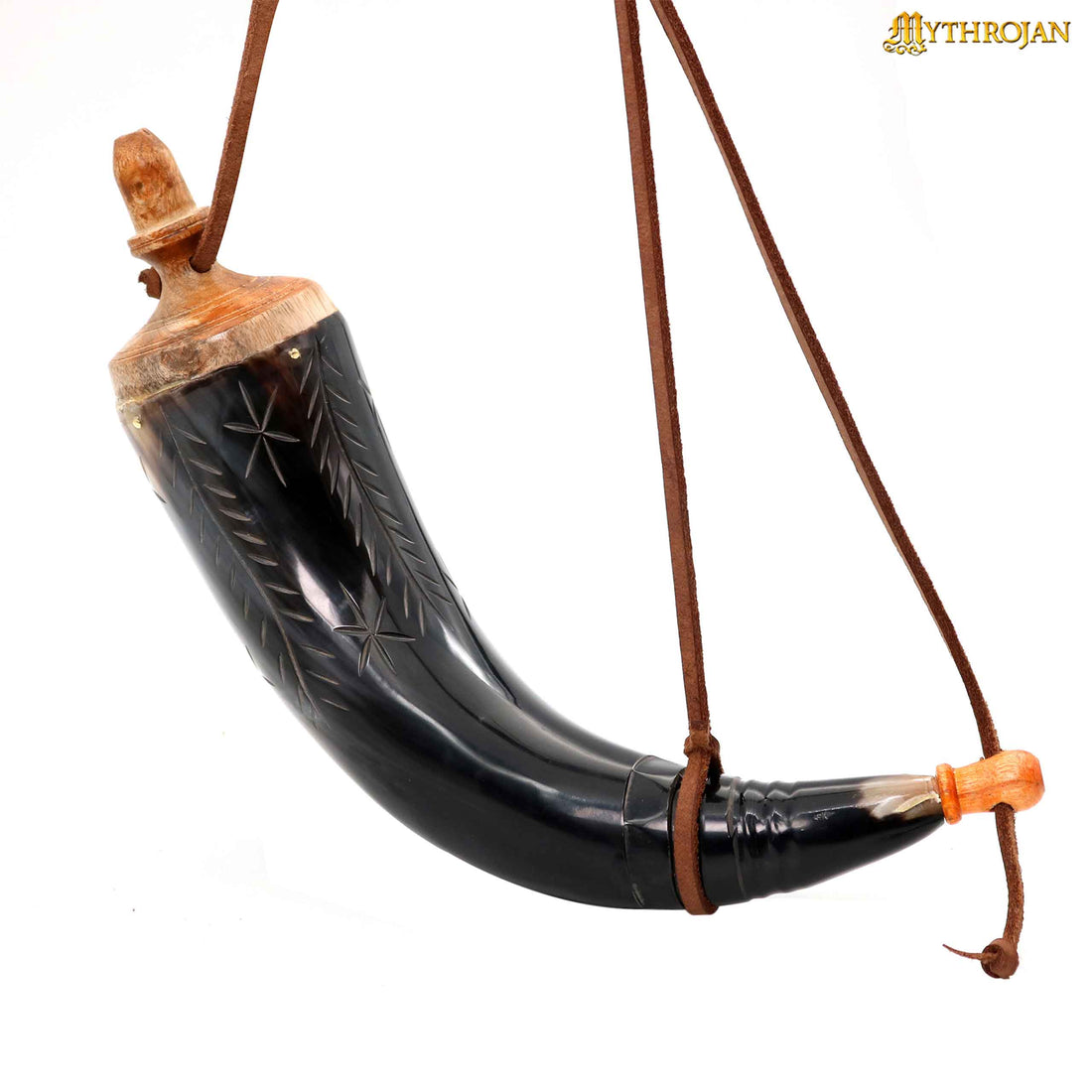 Mythrojan Hand Carved Powder Horn with Leather Strap for Civil War Re-Enactment Black Powder - Mountain Man Reenactment